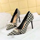Zingj Thousand Bird Case High Heels Slender High Heels Shallow Pointed Pearl Chain Plaid Women's Single