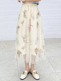 Skirt Women Vintage Embroidery Elastic High Waist A-Line Mesh Pleated Skirt Female Midi
