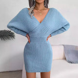 2025 Cross-Win V-Neck Bat Dress Bag Hip Dress Sweater Dress Women's
