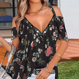Neck Short Sleeve Top Summer Sexy Women Printed Hollow Out T Shirt Fashion Loose Off Shoulder Casual Plus Size Shirts