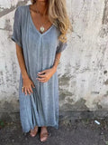 New Leisure Spring And Summer Loose Skirt Short-Sleeved V-Neck Solid Cotton