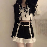 Piece Sets Womens Outfits Summer 2022 White Crop Top Black Cardigan Shorts Lace Trim Cute Short Sets Kawaii Clothes for