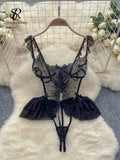 Summer Strap Sheer Sexy Bodysuits Ruffles Hotsweet Mesh Erotic Nightwear Fashion Embroidery Backless Sensual