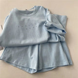 Two Piece Sets Oversized Women's Green Korean Letter Printing Short Sleeve T-shirt+Solid Casual Pants Jogging