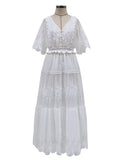 Dress Women Sexy White Dress Female Fashion V Neck Short Sleeves Summer Dress Ladies Hollow Out Maxi Dress Robe