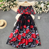 Series Holiday Dress Women's 2024 New Design Feeling Printed Lotus Leaf Edge One Word Shoulder-Length Chiffon