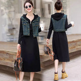 Zingj Vest With Black Hooded Dress Women's 2024 Summer New Casual Foreign Fashion Dress Two Sets-Outfit