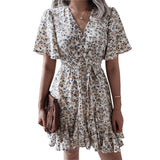 Women Dresses chiffon summer Sexy V Neck Floral Print Boho Beach Dress Short Sleeve A Line Mini Dress Wrap