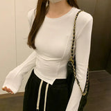 Feeling Round Collar Solid Color Fishbone Blouse Women's Autumn New Style Long Sleeves Waist Short Style Bottom Shirt