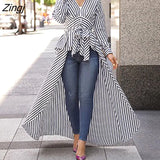Women Striped Long Sleeve Irregular Deep V-Neck Casaul Blouse With Belt High Low Tunic Spring Autumn