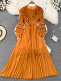 Vintage Women Pleated Party Long Dress Elegant Round Neck Lantern Sleeve High Waist Ruffle Draped Maxi Vestidos