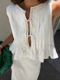 Women Elegant White Long Skirt Sets Fashion O-neck Sleeveless Lace Up Pleated Ruffles Vest Suits Summer Female Commuting