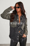 The Ins Hot Ladies Design Cotton Leopard Print Jeans Make Old Fur Lapel Collar Buckle Long Sleeve Shirt-Outfit