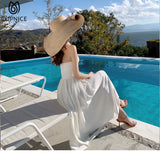 2022 Summer French Elegant Halter Midi Dress for Women V Neck Retro Beach Holiday Robe Sleeveless Backless New