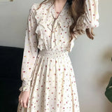 Zingj Floral Dress Slim Summer New Women's Long Sleeve Bottom Dress French Bow Show Thin Dress-Outfit