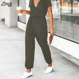 PETAL V-neck Short Sleeve Jumpsuit For Woman Casual Long Jogger Pants Playsuit 2023 Summer Overalls Bodysuits