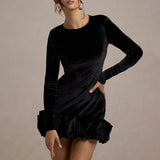 Black Velvet Long Sleeve Puff Trim Bodycon Mini Dress- Outfit