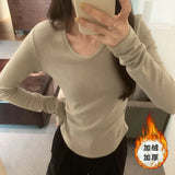 Pleated Waist Bottomed T-Shirt Women's New Hair-Grabbing Multicolor Shoulder Long-Sleeved T-Shirt In Autumn And