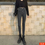 Zingj Double-Button Small Foot Jeans Women's Fall 2024 New Summer Slim Show Thin Nine Minutes Tight Black Pants-Outfit