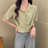 Women Summer Vintage Temperament Crop Tops New Arrival Stylish Simple Tender All-match Casual Notched Female Korean
