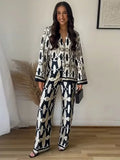 Women Fashion Geometric Printed Pants Suit Casual Lapel Single Breasted Shirt Loose Trousers Set New Female Chic