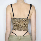 Zingj Hot Girl Leopard Print Mesh Gauze Bow Sling V Collar Lace Stitching Slim Wooden Ear