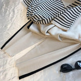 Stripe Patchwork Knitted Two Peice Set Women Turn-Down Collar Short Sleeve T-shirt+Calf-Length Pants Casual