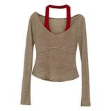 Temperament Pure Desire Design Sense Hanging Neck Vest Micro-Penetration V Tie Bottom T-Shirt Female Spring And Autumn New Two-Piece