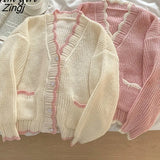 Korean Style Contrast Kintted Cardigan Women V-neck Heart Button-up Loose Oversized Sweater Coat Simple Casual