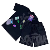 Aesthetics Male Gothic 2-Piece Hip-Hop Alphabet Print 0-Collar T-Shirt + Rope Wide Legs And