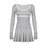 Girl Lace Lace Stitching Bow Square Collar Slim Low Waist Solid Color Pleated Dress