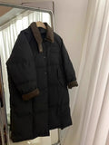 White Duck Velvet Contrast Color Long Down Jacket Female 2024 Winter Fashion Fashion Corduroy Lapel Over The Knee Coat Tide-Outfit