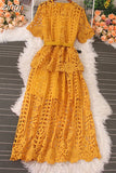 Vintage Women Hollow Out Lace Ruffle Long Dress Elegant Round Neck Short Sleeve High Waist Slim Maxi Party Vestidos