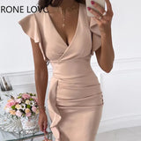 Women V-Neck Ruffle Hem Ruched Dress Bodycon Dress Casual Dress Summer Work