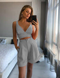Summer V Neck Strap Crop Top + High Waist Shorts Women's Solid Color