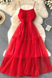 Women Sexy Mesh Spaghetti Strap Long Dress Summer Orange/Purple/Blue/Pink Ruffle A-Line Beach Robe Female Elegant Party