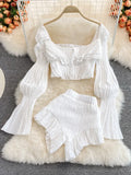 Two Piece Set Women 2024 Summer New High Street Fashion Sexy French Outfits Navel Blouses + Solid Wild Ruffles