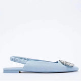 ZAR 2022 Summer New Women Rhinestone Pointed Toe Shallow Mouth Flat Sandals Slippers Back Strap Baotou Temperament Muller