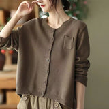 Zingj 2024 New Art Retro Cotton Thread Knit Cardigan Female Round Collar Long Sleeve Coat Fashion Casual Outside-Outfit