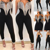 Women Sexy Solid Color Sleeveless Deep V neck Tassel Skinny Slim Jumpsuit Romper Playsuit Clubwear