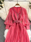 Women Lace Patchwork Pleated Chiffon Long Dress Autumn Winter Red/Black/Blue Draped Party Vestidos With Sashes Female Robe
