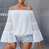 Off Shoulder Blouse Women Fashion Solid Color Long Sleeve Plus Size Casual Sexy Shirts Female Chiffon Tops And