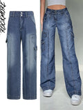 Brown Vintage Baggy Jeans Women 90s Streetwear Pockets Wide Leg Cargo Pants Low Waist Straight Denim
