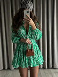 Mini Dress Women 2022 Summer Long Sleeve Elegant Pleated Beach Vestido With Sashes Floral Print Sexy Boho Dresses