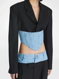 Zingj New Fashion Long-Sleeved Suit Jacket Splicing Jeans Waist To Show Thin After The Zipper Suit