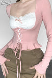 Korean Sweet Pink Knit Lace Patchwork Slim Female T-shirts Ruffles Bow Square Neck Crop Top Autumn Tie Up Sweats