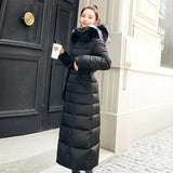 2024 Winter Tie Long Padded Clothes Korean Version Over The Knee Thick Warm Hooded Solid Color Big Wool Collar Down Cotton Suit-Outfit