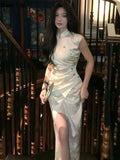 Vintage Slim Jacquard Cheongsam Summer White Midi Dresses Women Short Sleeve Runway Split Vestidos Female Black
