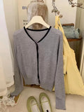 Gentle Little Gold Bean Buckle Hit Color V-Collar Knitted Cardigan Women's Spring Leisure Outfit Shows Thin Korean Style
