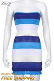 Sexy Women Summer Knit Slim Fit Dresses Contrast Color Striped Print Sleeveless Strapless Bodycon Mini Short